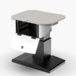 Mutltimedia lectern with logo panel open to reveal 8RU rack storage
