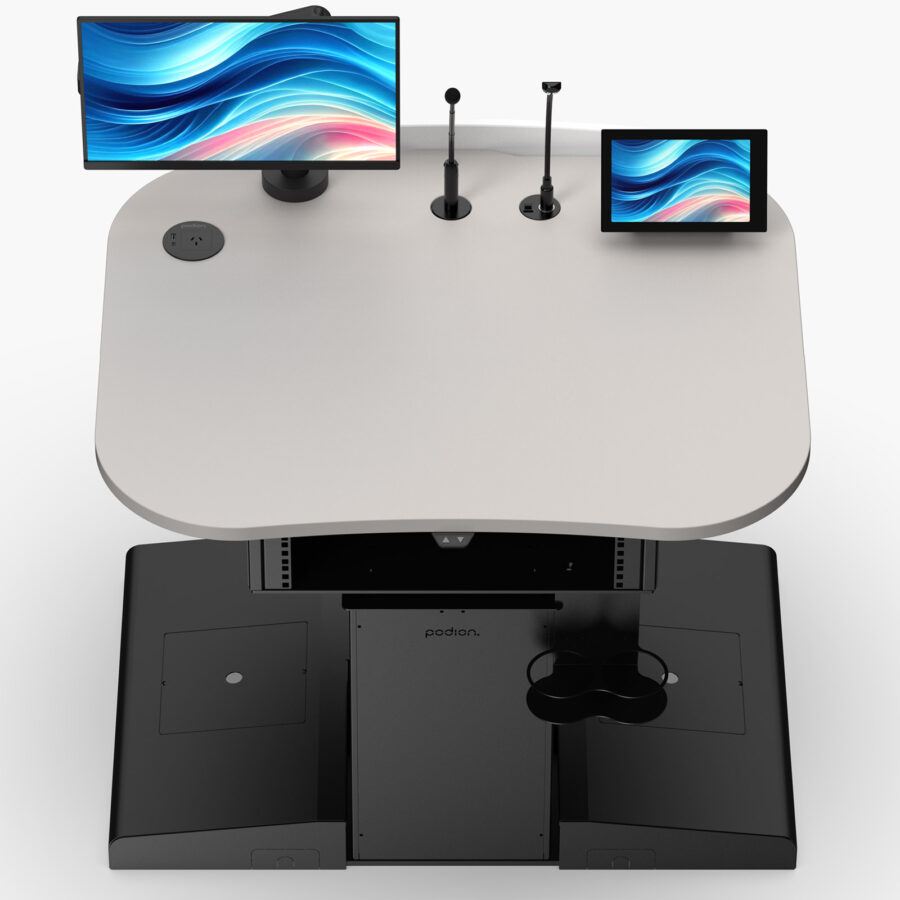 Multimedia lectern worktop showing integrated monitor, gooseneck microphones, touch control panel and built-in power outlet.