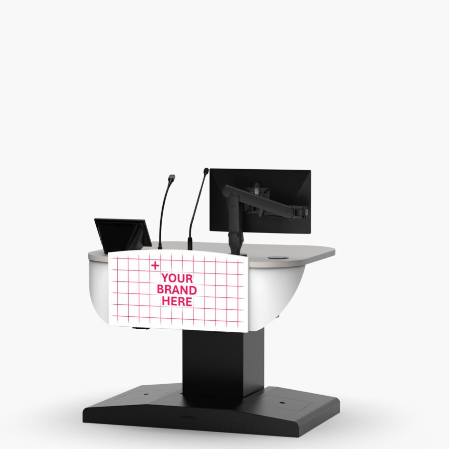 Height adjustable multimedia lectern with rack storage