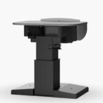 Multimedia lectern rear view of internal rack storage, height adjustable column & cup holder