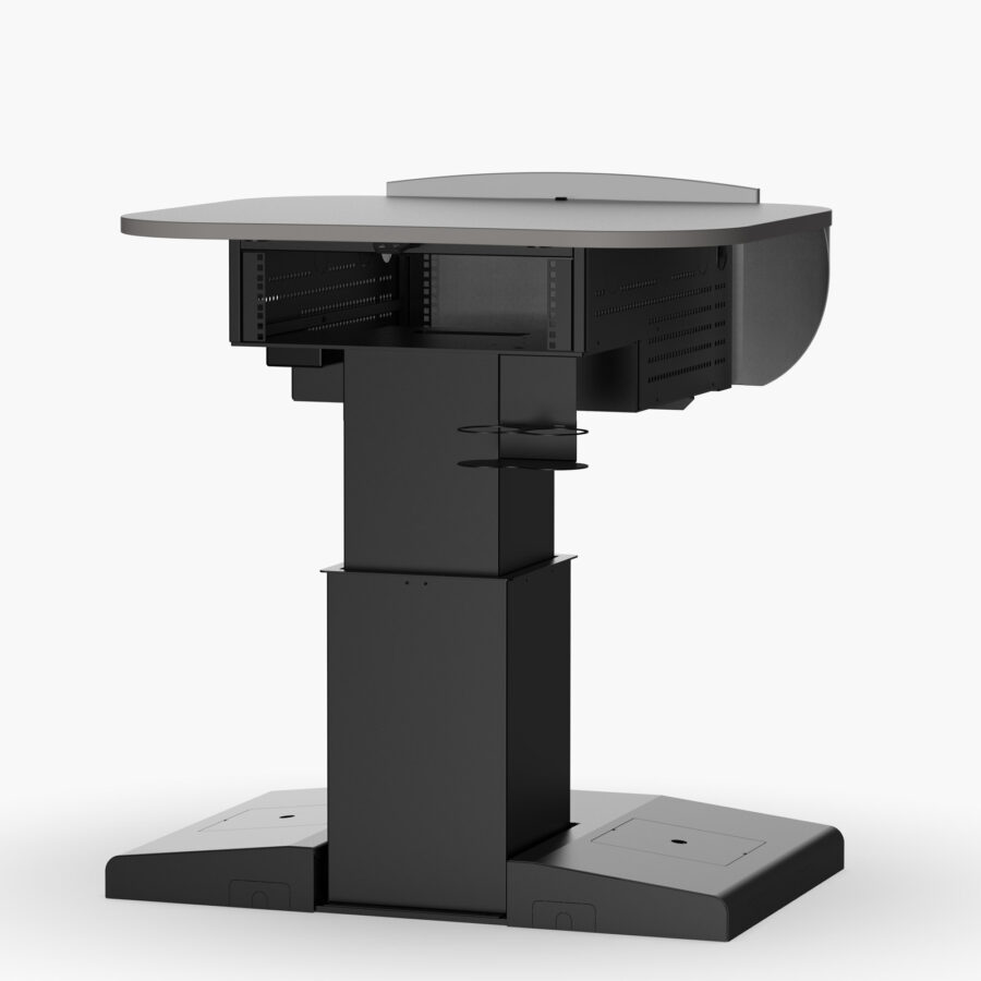 Multimedia lectern rear view of internal rack storage, height adjustable column & cup holder