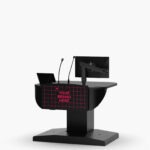 Black height adjustable multimedia lectern set at seated height, featuring a custom logo panel