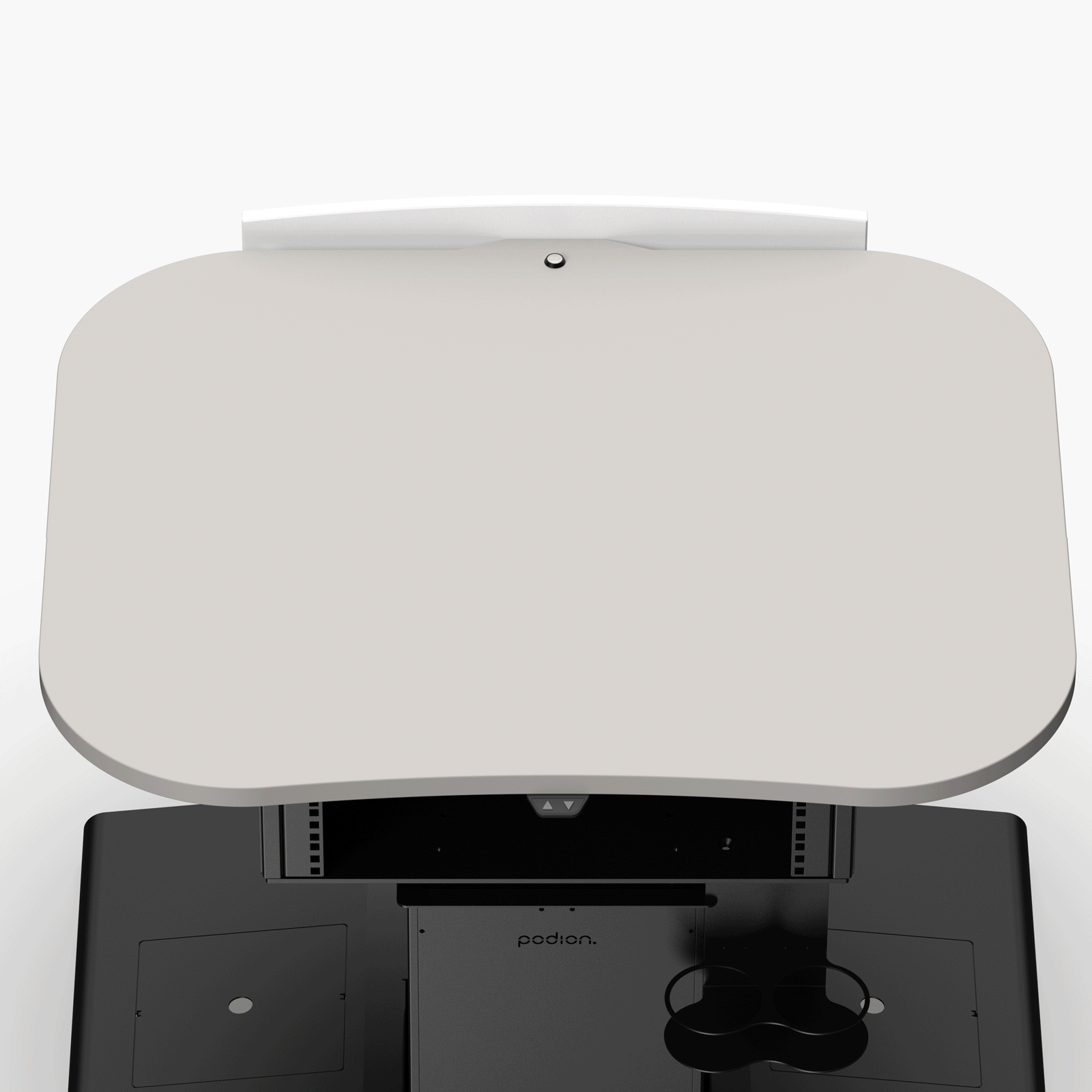 Multimedia lectern worktop showing integrated monitor, gooseneck microphones, touch control panel and built-in power outlet.