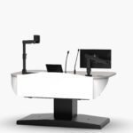 White multimedia lectern adjusted to lowest height for seated users