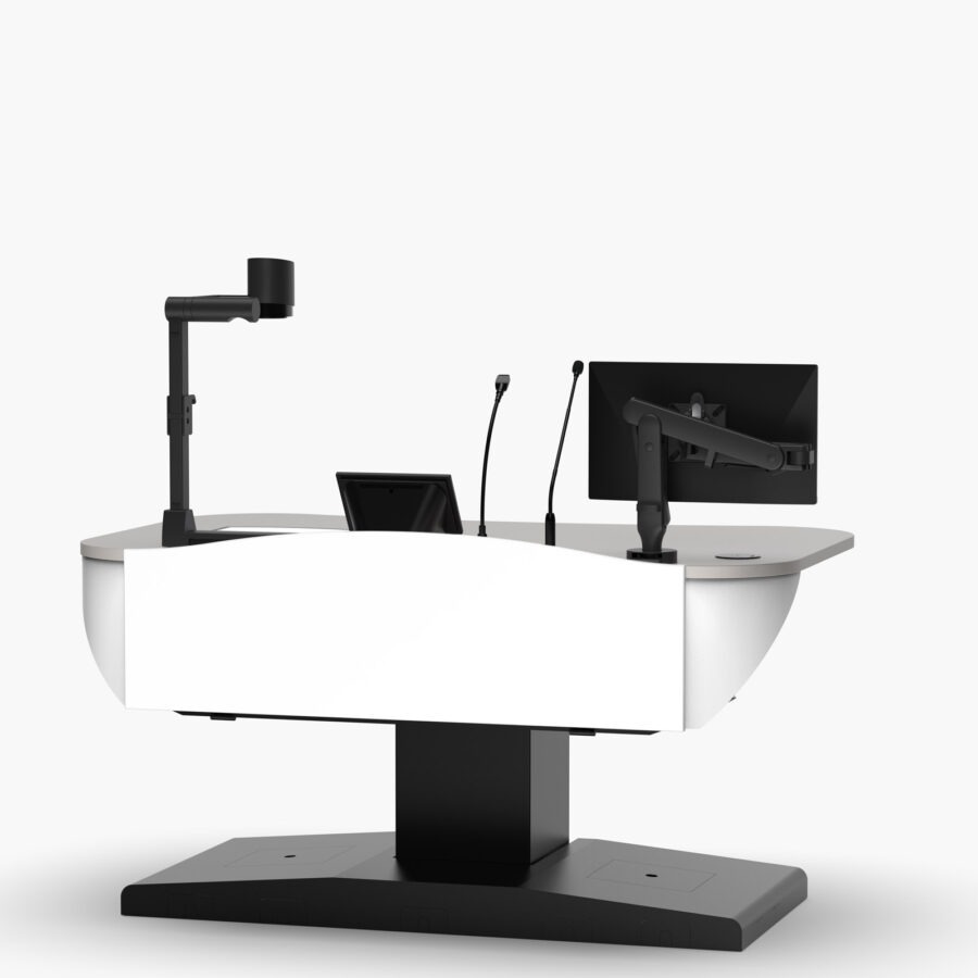 White multimedia lectern adjusted to lowest height for seated users