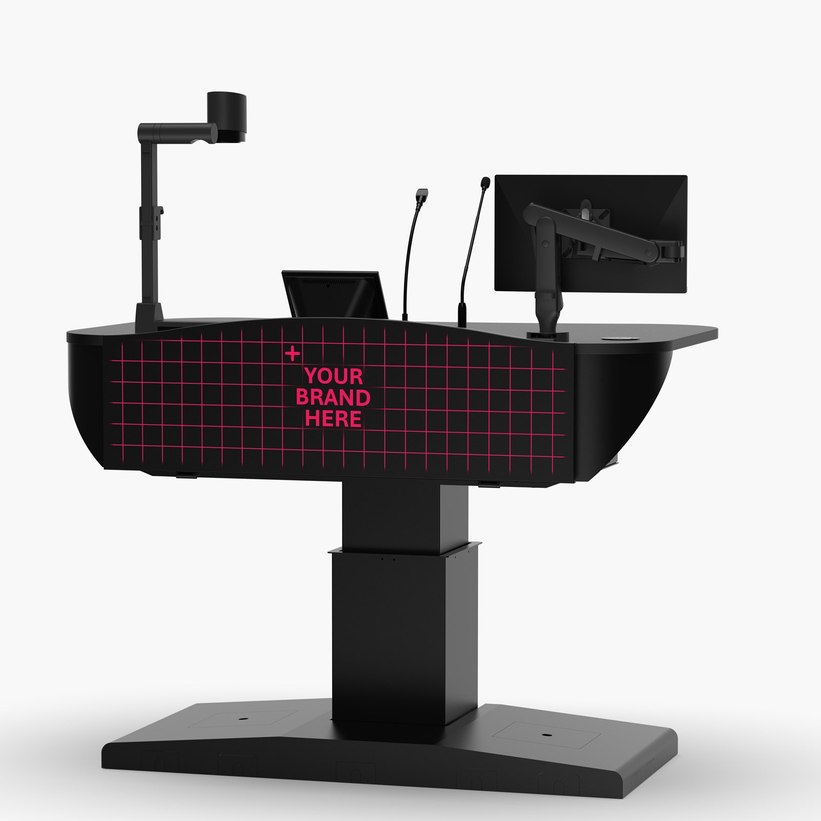 Black multimedia lectern with logo panel, working peripherals & rack storage