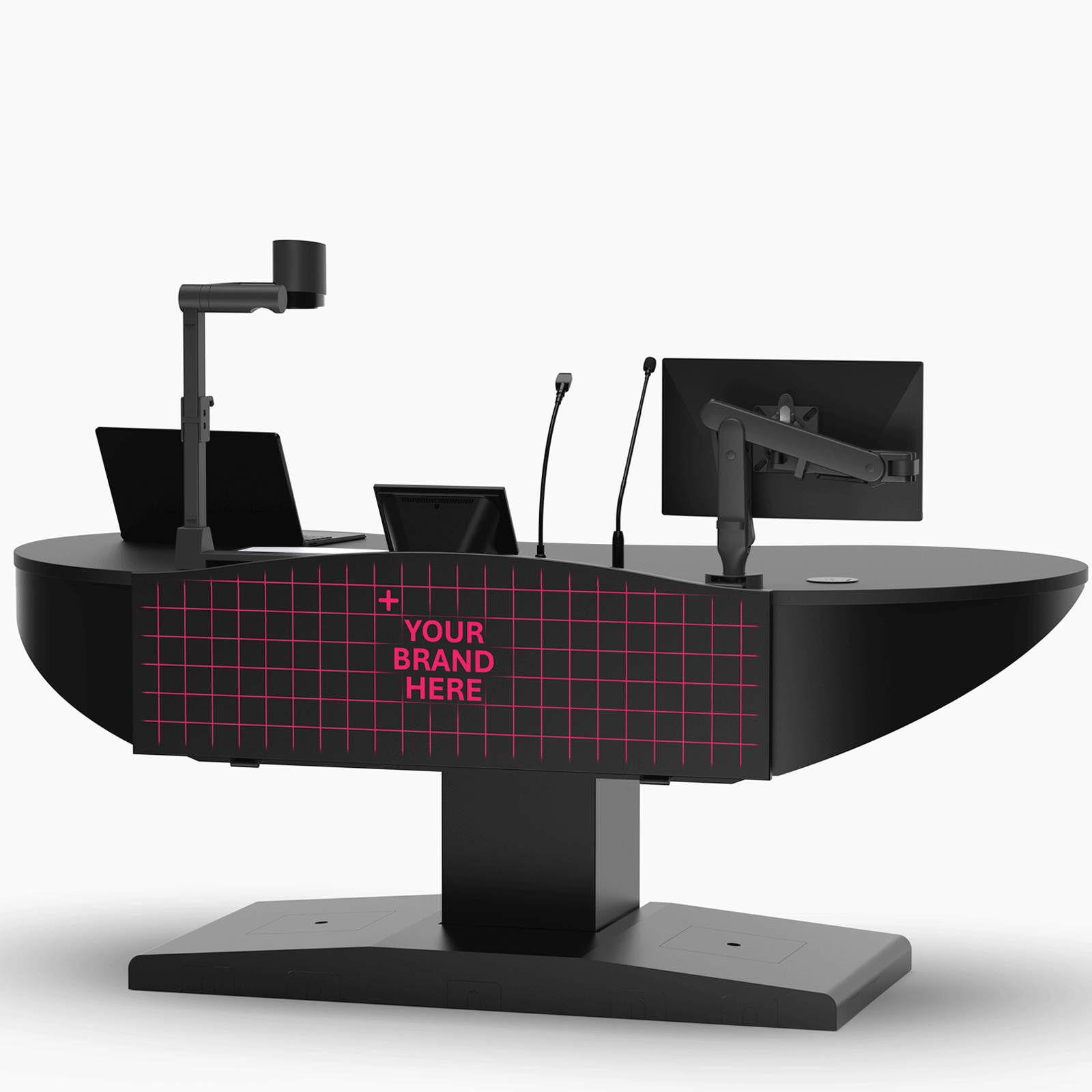 Multimedia lectern animation showing height adjustment from sit to stand height