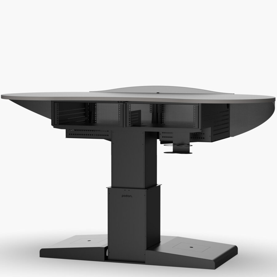 Rear view of multimeda lectern showing AV rack, natural convection & cup holder