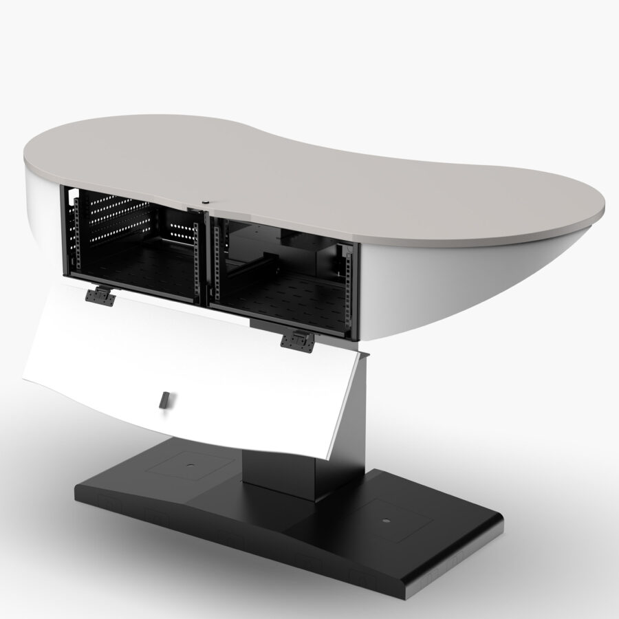 Multimedia lectern panel with logo panel in open position to reveal 16RU rack space