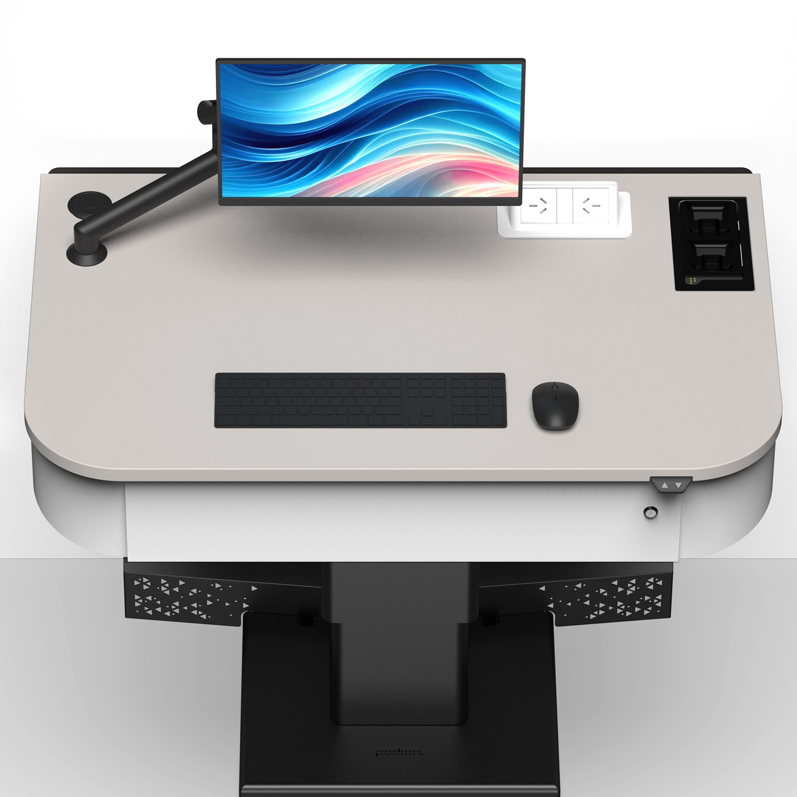 UNiversity lectern worktop positioned against wall showing monitor arm, power outlet, microphone battery charger