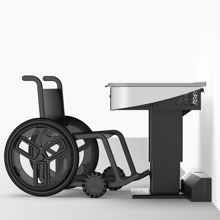 Wall-positioned sit-stand Touchdown Point lectern with wheelchair access.