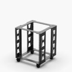 12RU roll-out AV rack frame for lectern with 19-inch mounting rails and castor wheels.