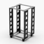 18RU roll-out AV rack frame for lectern with 19-inch mounting rails and castor wheels.