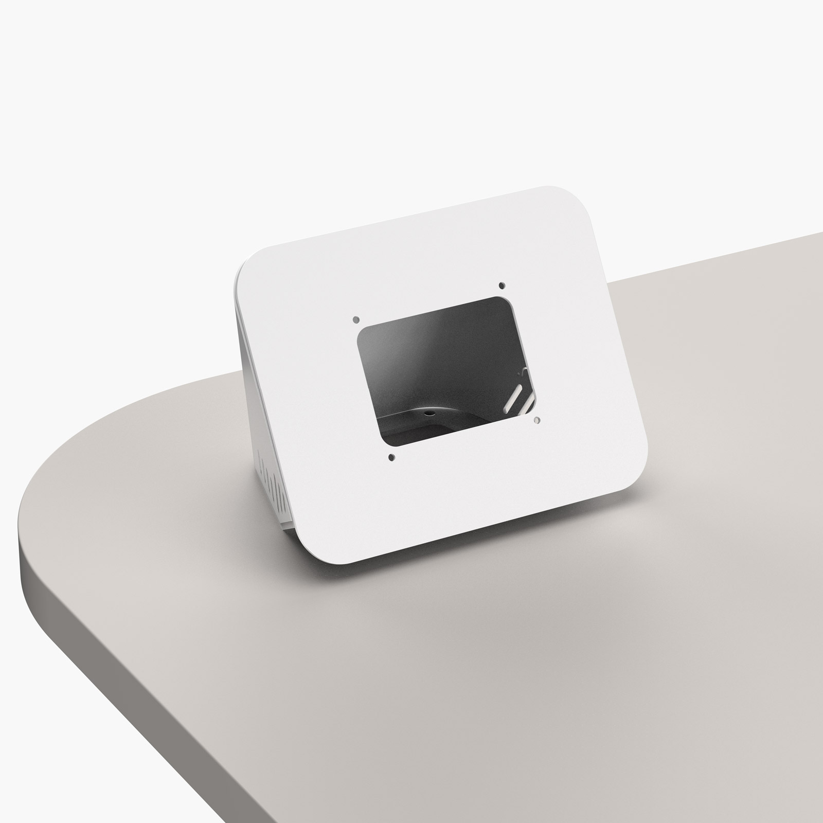 White desk-mounted housing for AMX Massio 8-Button Control Pad installed onto multimedia lectern worktop