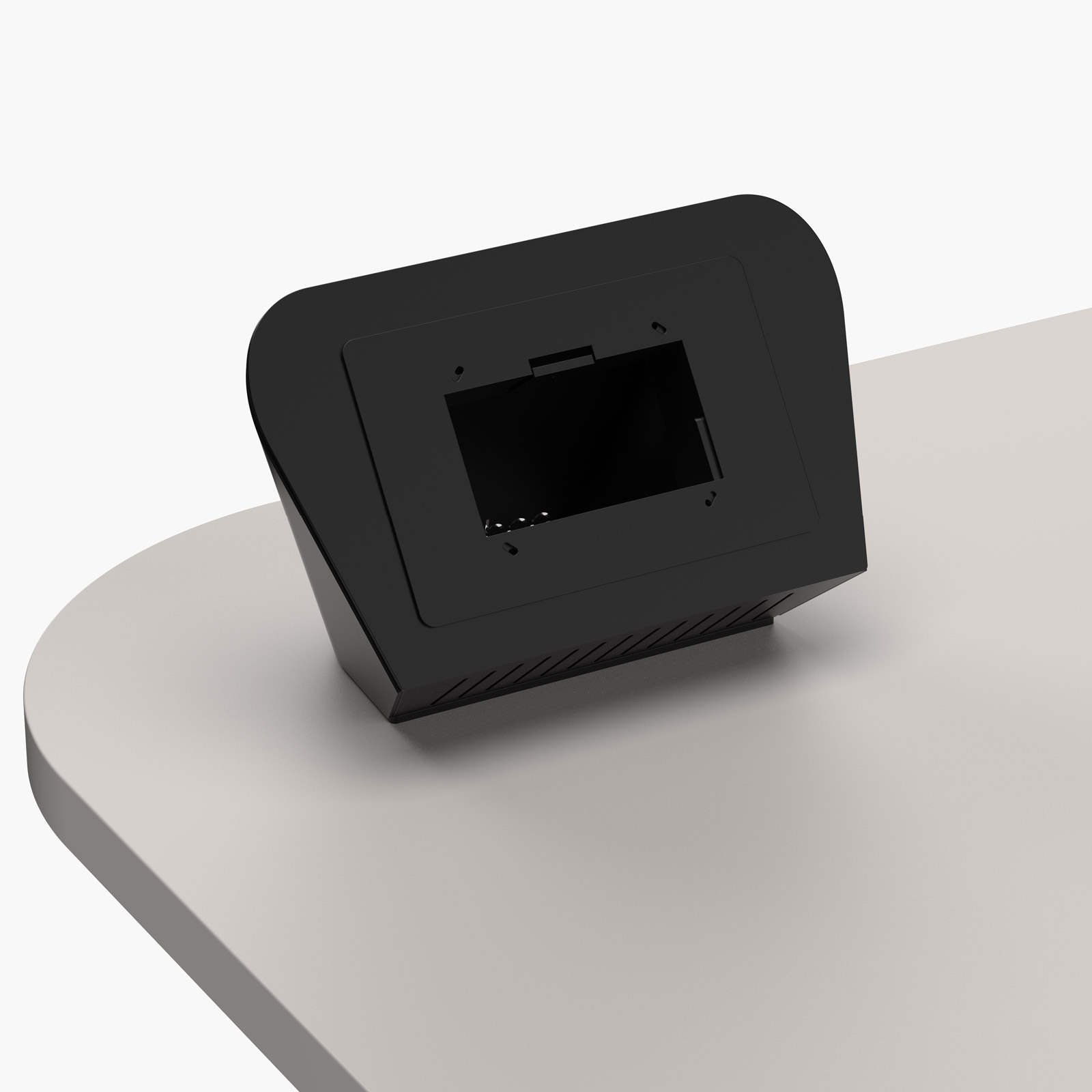 Desk-mount housing for Creston TSW-1060 Control Pad installed on lectern worktop