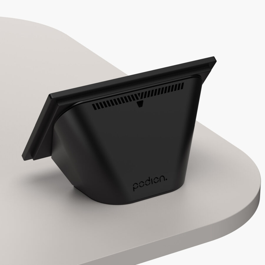 Desk-mount housing for Creston TSW-1060 Control Pad installed on lectern worktop