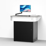 Wall positioned touchdown point multimecia lectern with roll out av rack cabinet