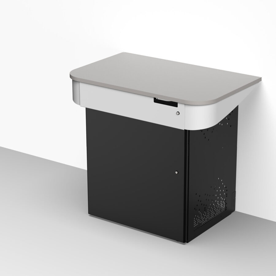 Wall positioned touchdown point multimedia lectern with access panel with cut-out for micro pc connection