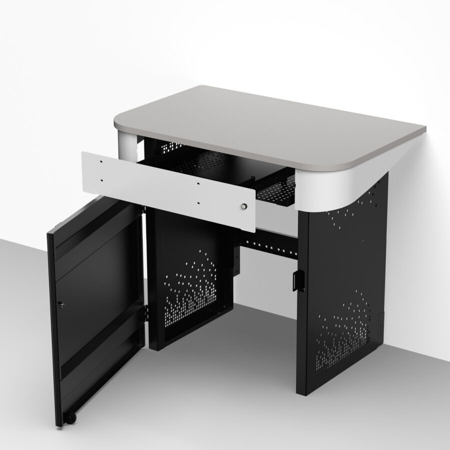 Wall positioned multimedia lectern with slide-out rack tray & av rack cabinet