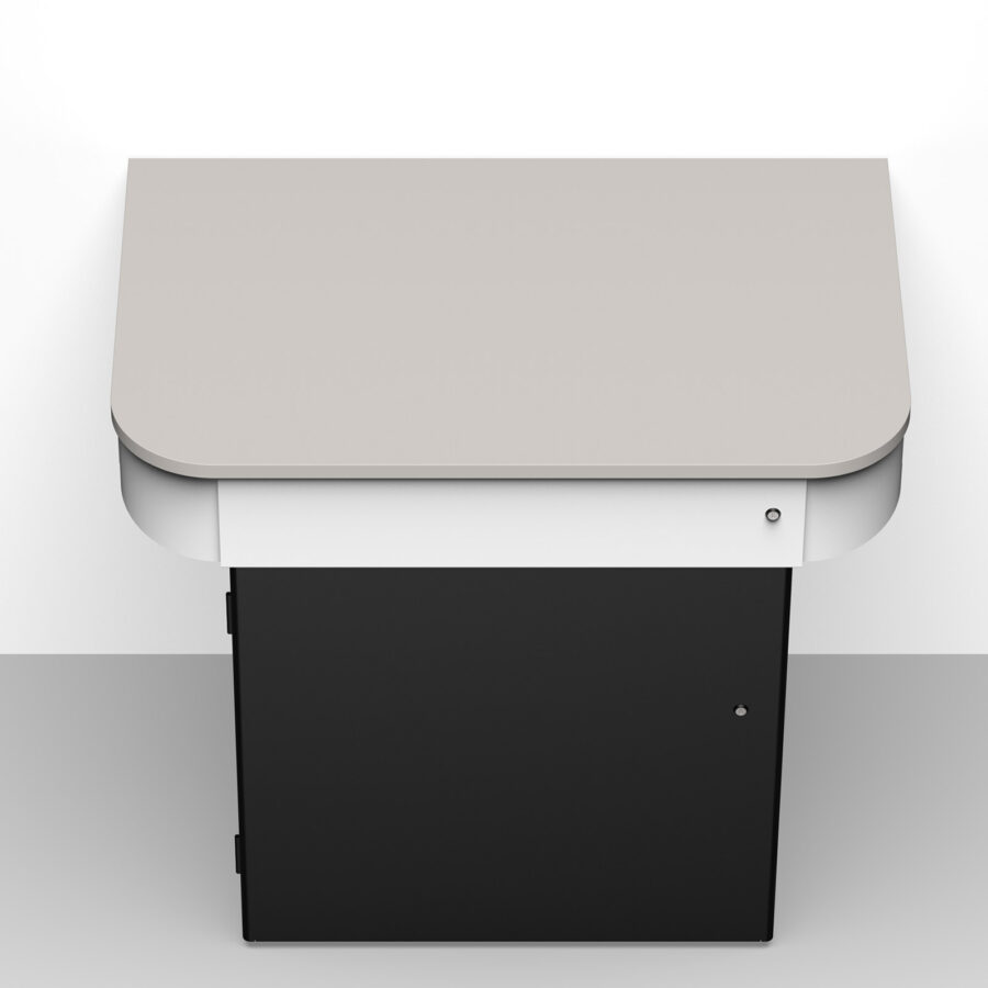 Wall positioned multimedia lectern with concealed av storage & worktop for monitor arm, power modules & battery charger housings & more