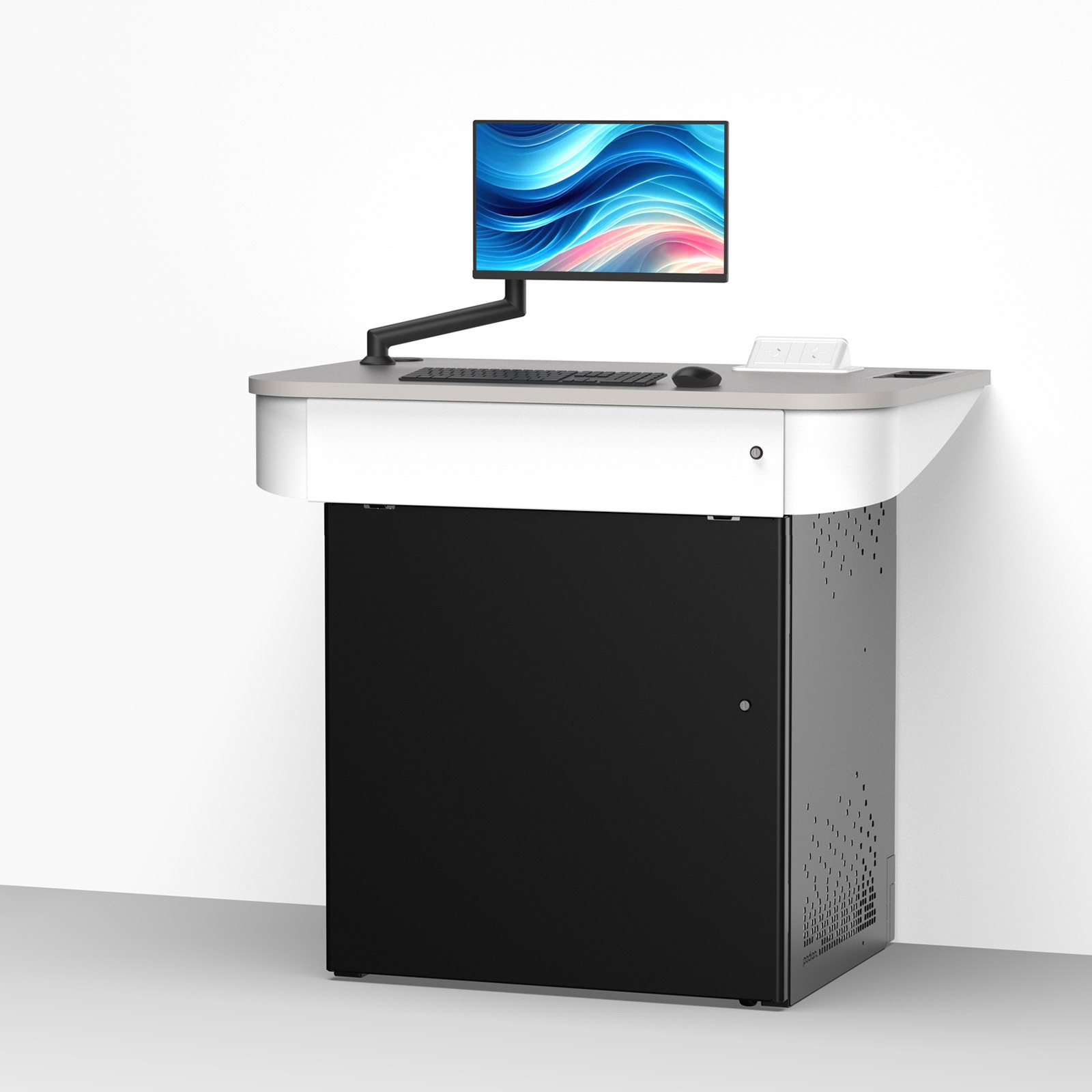Wall positioned touchdown point multimecia lectern with roll out av rack cabinet
