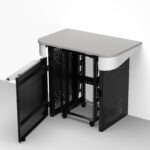 Wall positioned multimedia lectern with roll out portable av rack