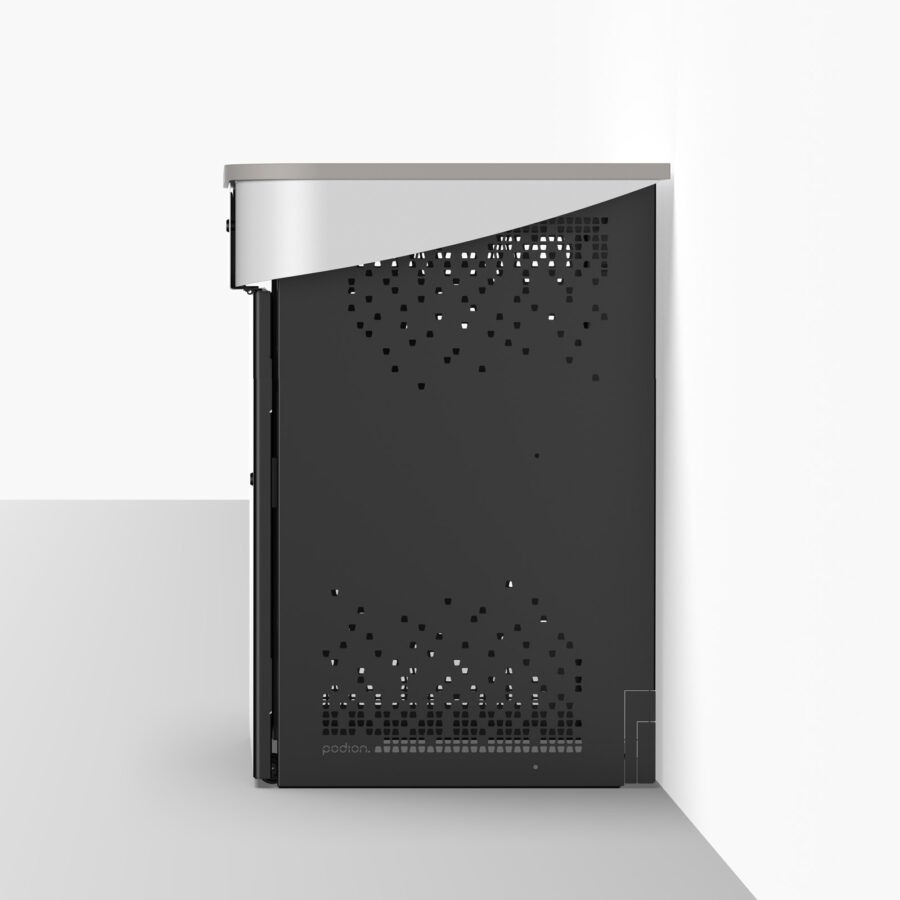 Wall positioned multimedia lectern with ventilated enclosure for roll out av rack