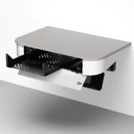 Wall mounted multimedia lectern with slide out rack tray open