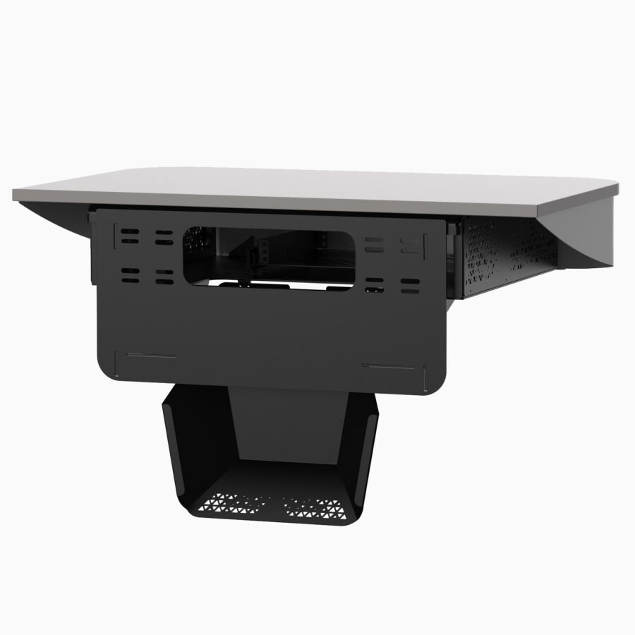 Rear view of cable management of wall moutned multimedia lectern workstation