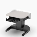Multimedia lectern with wheelchair accessible base, 3RU tray in open position, worktop with logo panel privacy sield