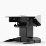 Multimedia lectern showing the rack storage with ventilated panels, hinged access door and wheelchair friendly base