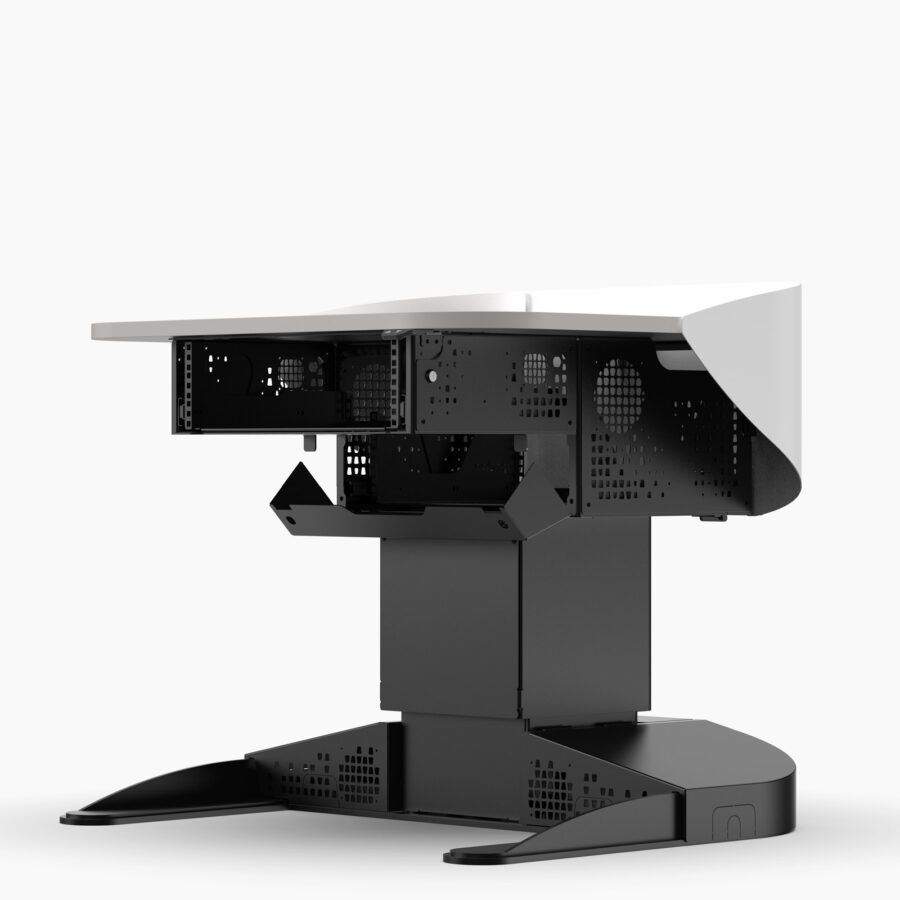 Multimedia lectern showing the rack storage with ventilated panels, hinged access door and wheelchair friendly base