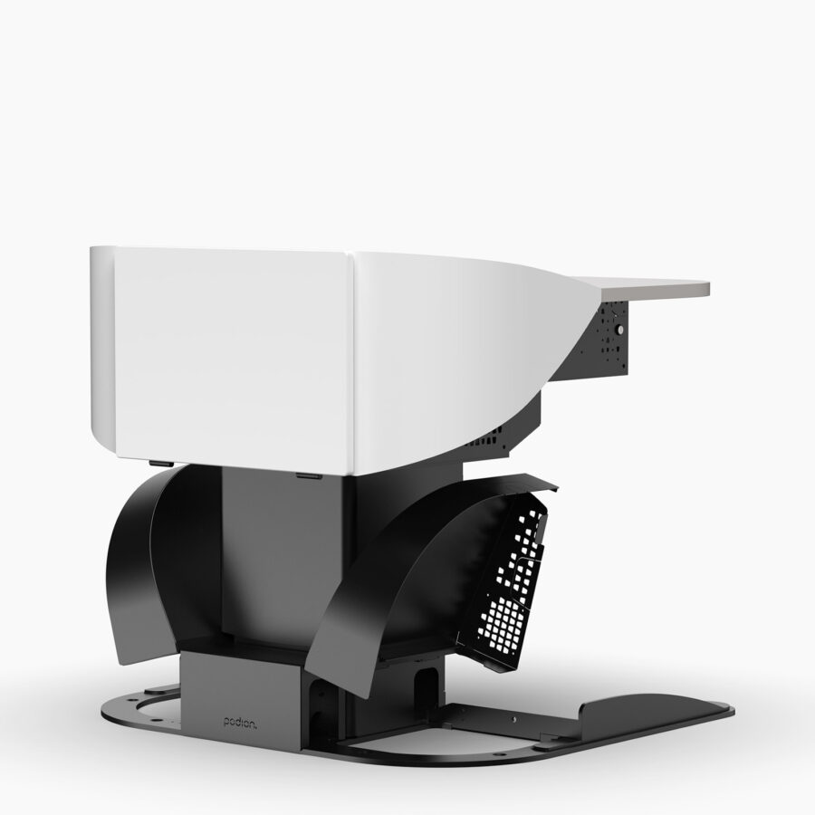 Multimedia lectern with white logo panel, height adjustable column & flip open base cover for floorbox access