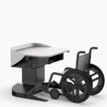 Multimedia lectern with wheelchair rolled into position at worktop