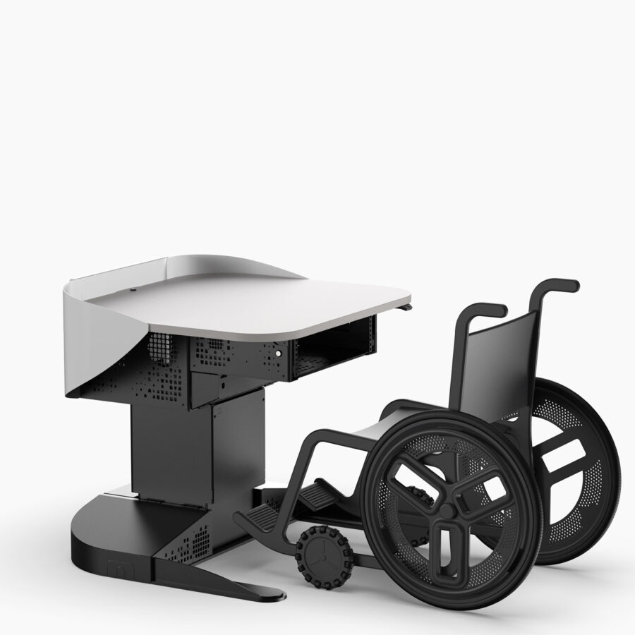 Multimedia lectern with wheelchair rolled into position at worktop