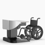 Multimedia lectern with wheelchair rolled into position at worktop