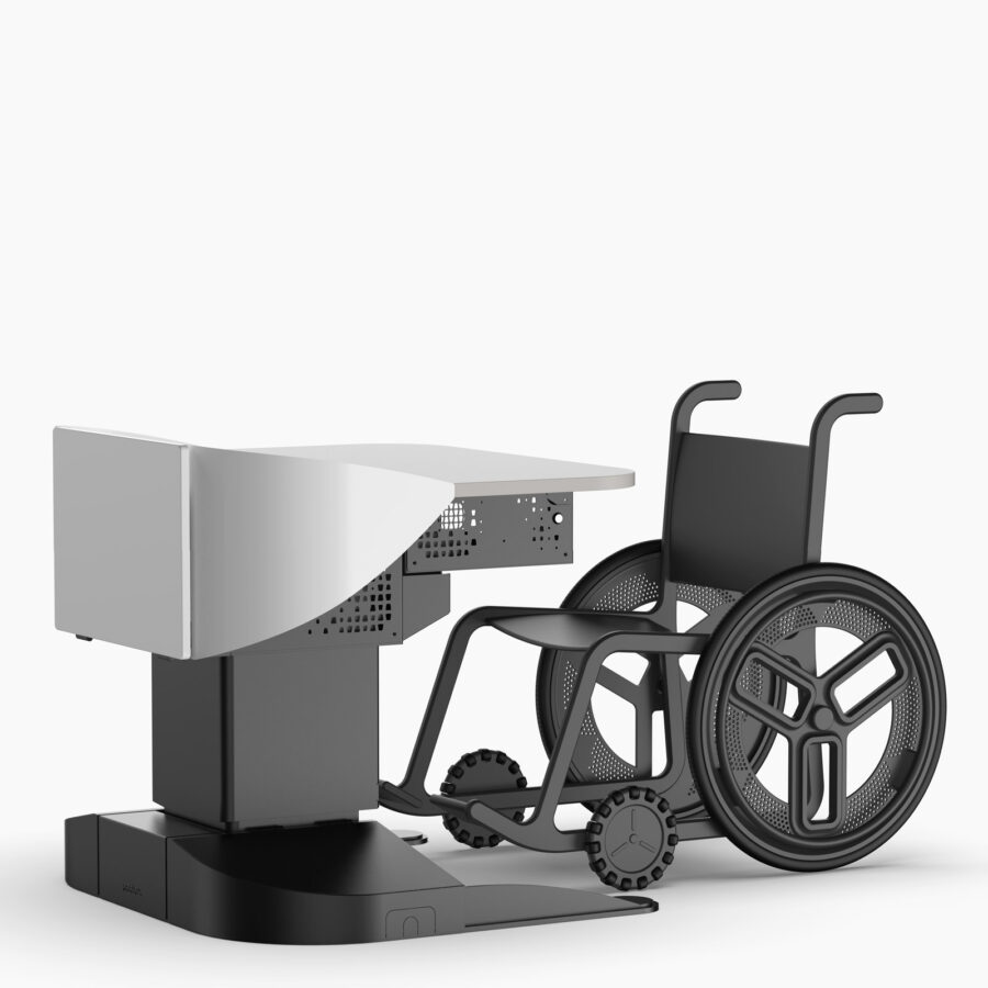 Multimedia lectern with wheelchair rolled into position at worktop