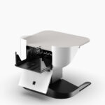 Multimedia lectern with hinged logo panel open, and 5RU slide tray open for equipment acces