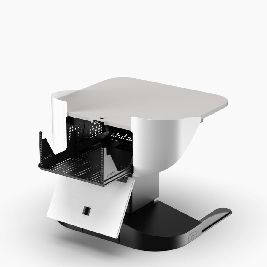 Multimedia lectern with hinged logo panel open, and 5RU slide tray open for equipment acces