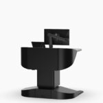 Multimedia lectern in matte black with logo panel privacy shield, wheelchair base and a monitor arm and laptop on worktop