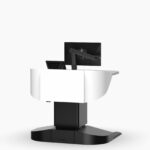 Multimedia lectern with black base, white logo panel and monitor arm and laptop