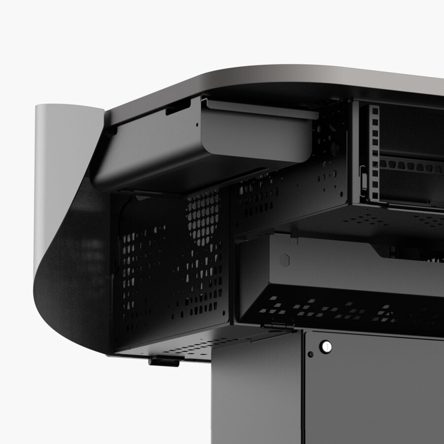 Close-up view of a black slide-out pencil drawer positioned under a multimedia lectern worktop