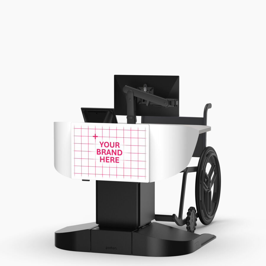 Multimedia lectern with wheelchair access, logo panel, height adjustable, modern design with wheelchair showing