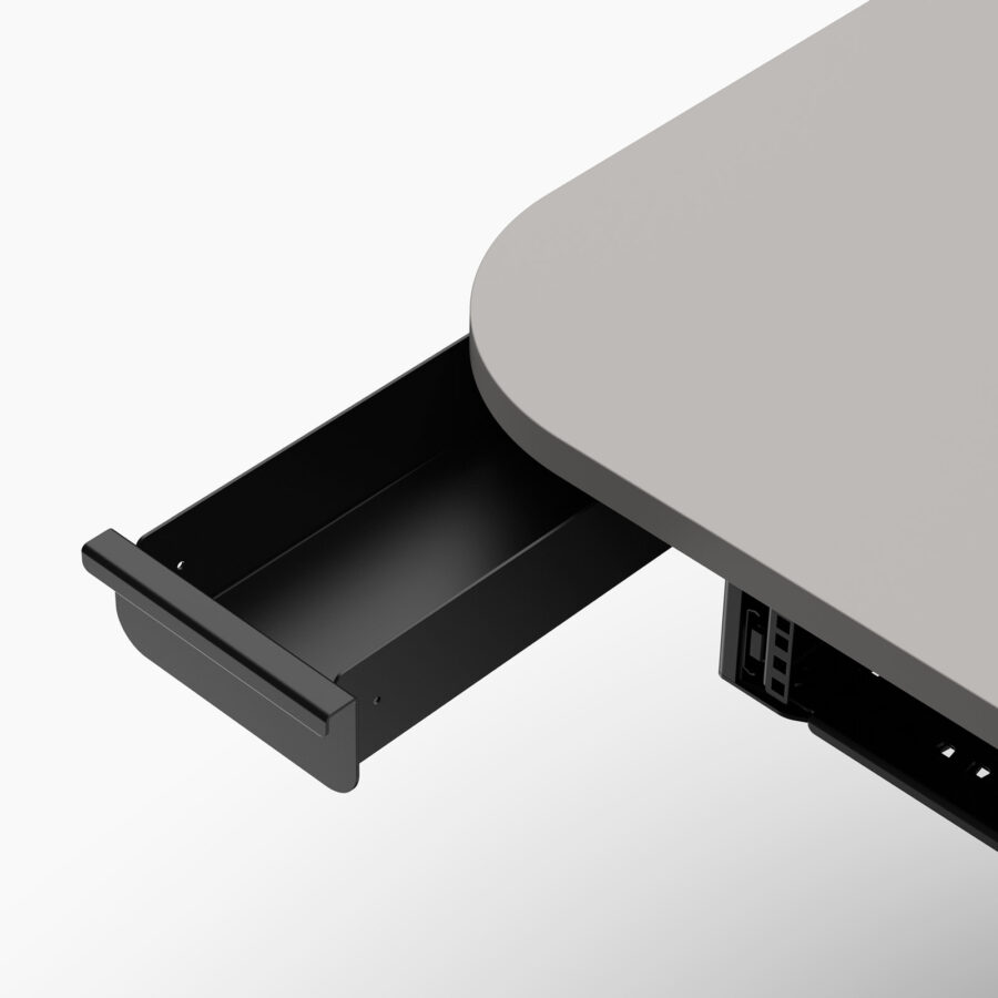 Close-up view of a black slide-out pencil drawer positioned under a multimedia lectern worktop