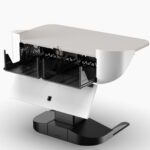 Multimedia lecter with drop down logo panel revealing 5RU slide out rack trays