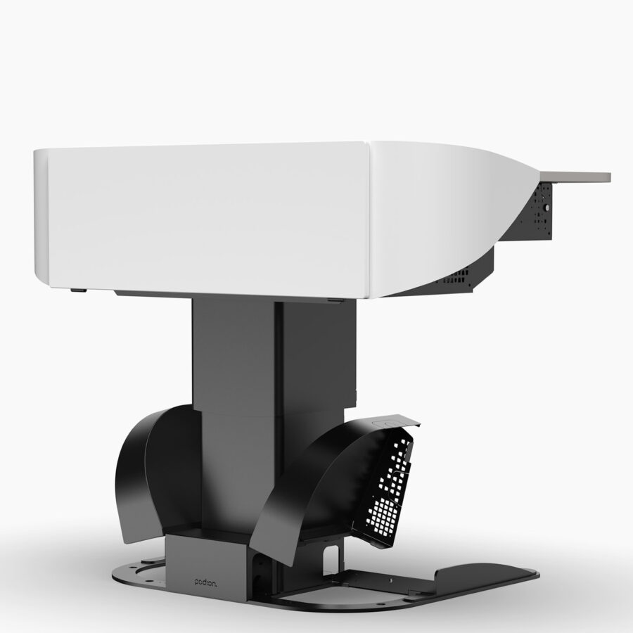 Multimedia lectern with large white logo panel, height adjustable, shown with ventilated base cover in open position for cable management