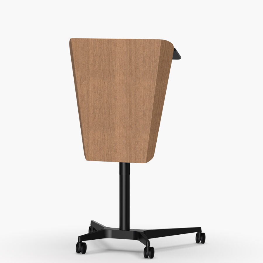 Gas lift height adjustable podium lectern on castors with timber wrap logo panel