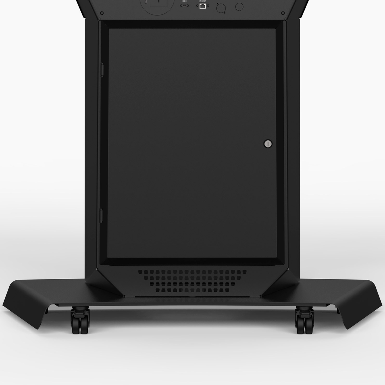 Black portable podium lectern with locking castor wheels
