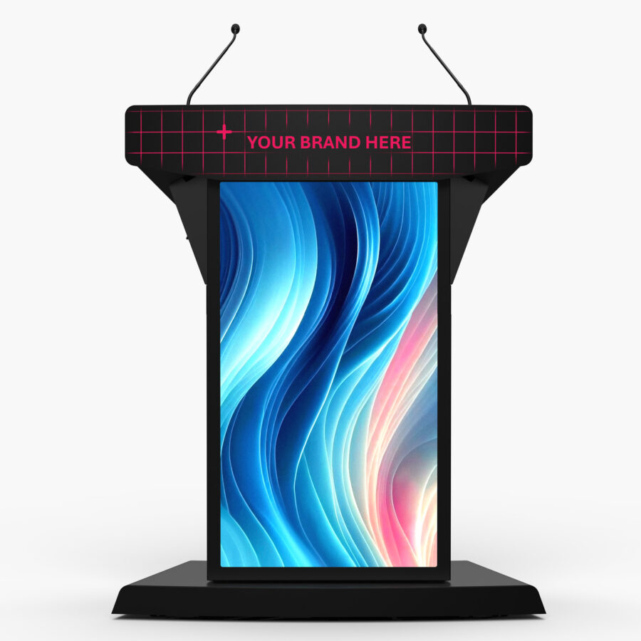 Podium lectern with 43" HD digital display, logo panel privacy shield, sleek black finish, gooseneck microphones and wide black base