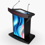 Podium lectern with 43" HD digital display, logo panel privacy shield, sleek black finish, worktop monitor and wide black base